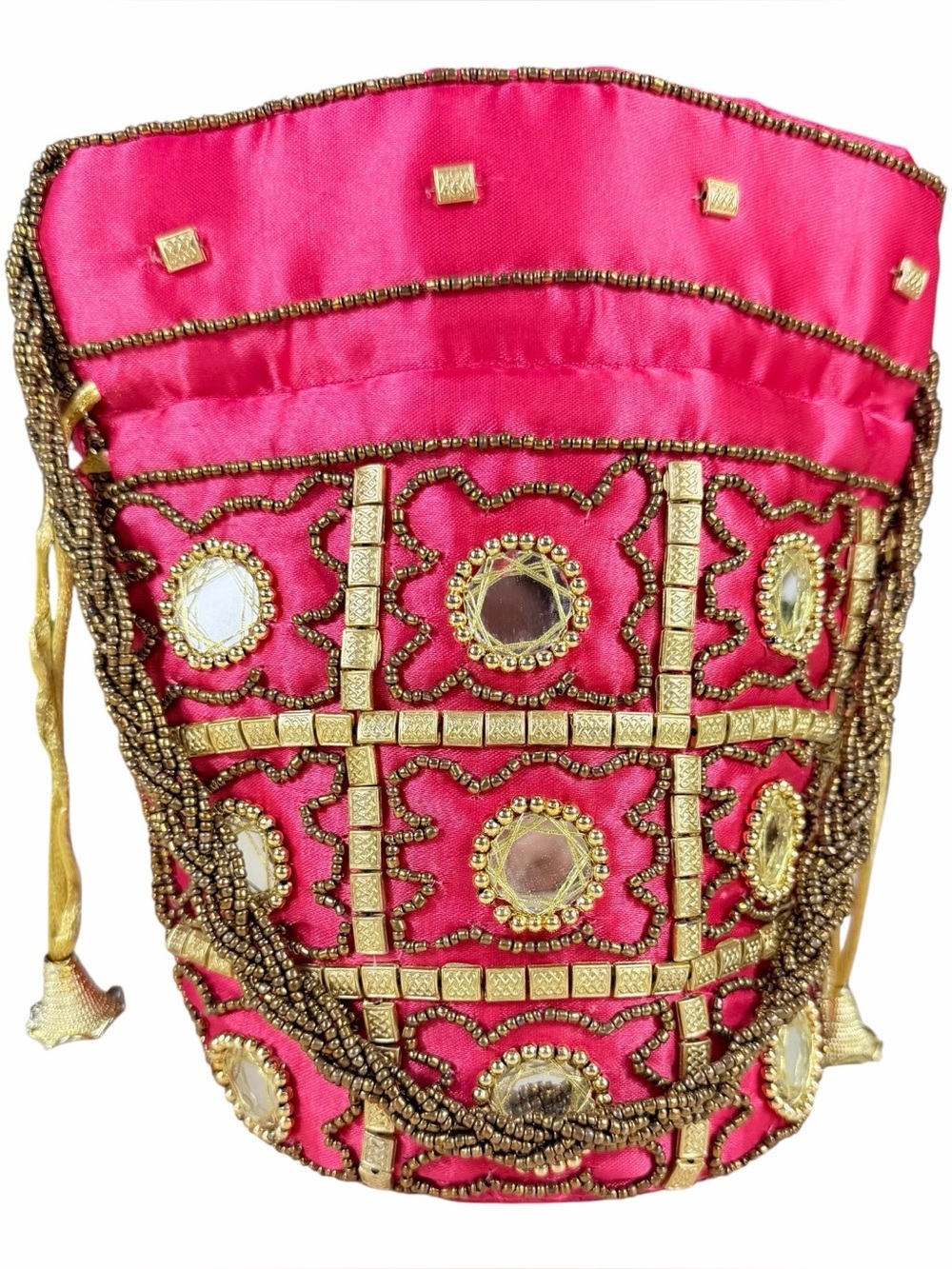 Polki Handmade Beaded Mirrors Hot Pink Mini Drawstring Bag. Southeast Asia India